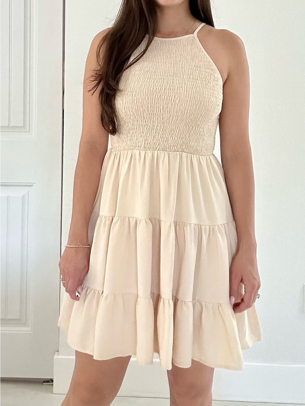 SHEIN Sleeveless Cream Smocked Halter Tiered Mini Dress